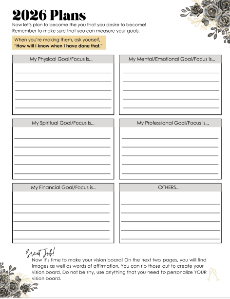 Goal-setting worksheet for 2026 with various goal categories and space for writing.